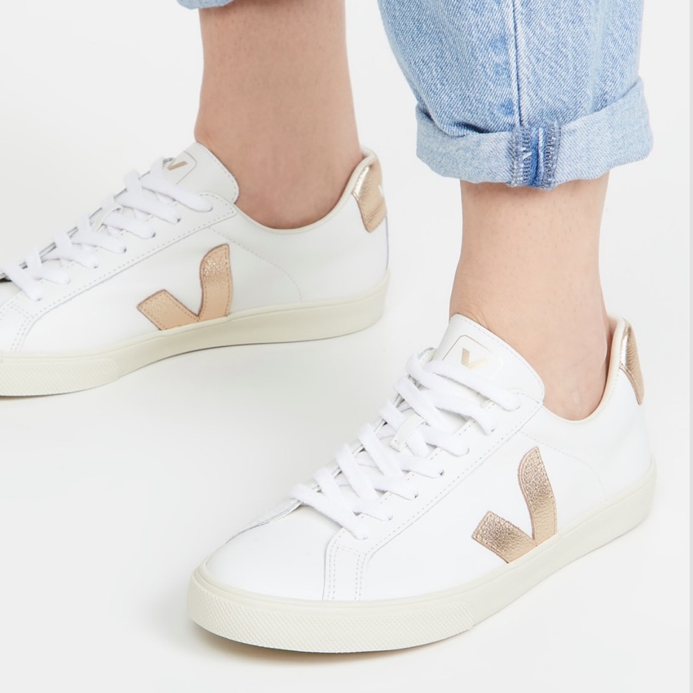 Veja Esplar Metallic Gold & White Logo Sneakers
